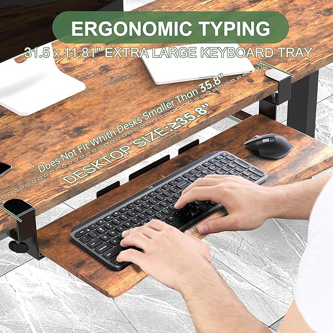 UPGRAVITY Extra Large Keyboard Tray Under Desk - Slide Out with Sturdy C-Clip Mount System, Extra Wide 31.5" (35.8" Including Clamps) x 11.8" Pull-Out Keyboard Computer Drawer, Rustic Vintage Brown