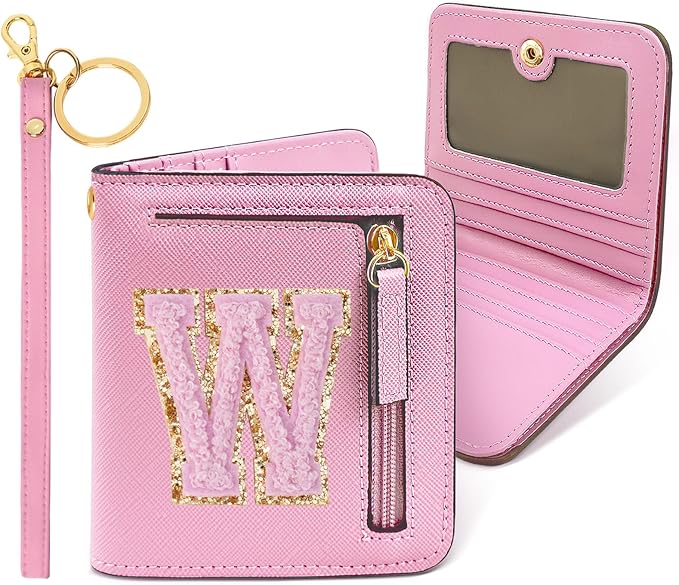 COSHAYSOO Preppy Wallet Gifts for Teen Girls Women Small Wallet RFID Bifold PU Leather Christmas Valentines Easter Mothers Fathers Day Nurse Appreciation Graduation Gifts Chenille Letter W Pink