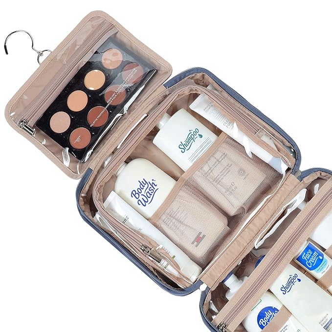 NISHEL Travel Toiletry Bag for Women, Makeup Essentials Organizer, Hanging Case for Accessories, Cosmetics, Large Size, Aegean-Blue