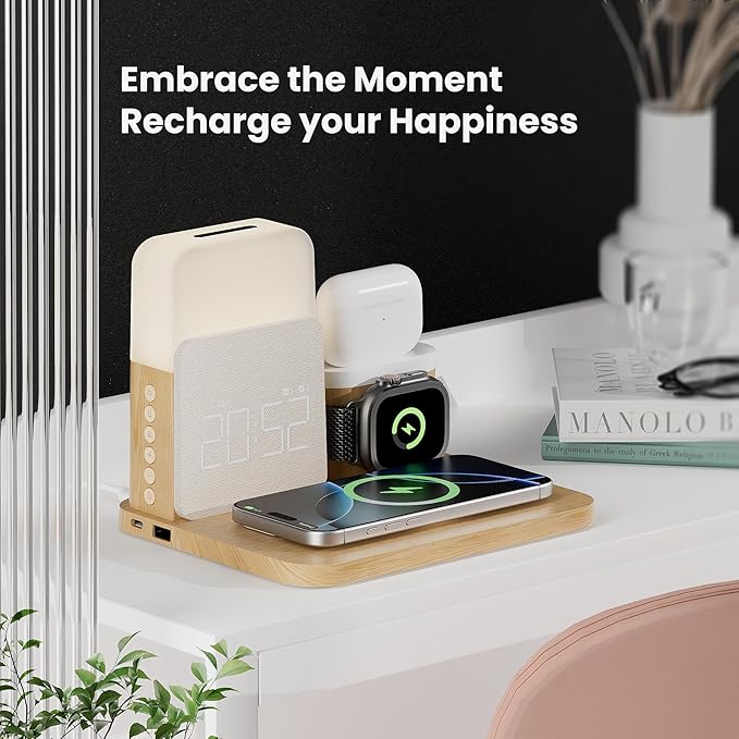 Alarm Clock Charging Station for Bedrooms, 7 in 1 Wireless Charging Station, Magnetic Charger with Night Light Bedside Clock for iPhone 17 16 15 14 13 12 Pro Max, Apple Watch, AirPods (Wood)
