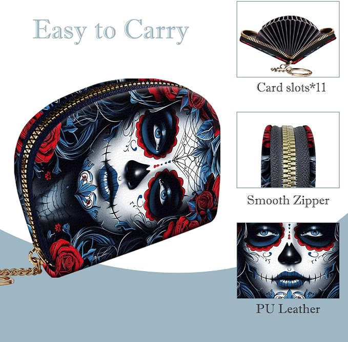 Women's Slim RFID Wallet – Compact Leather Card Holder Wallet for Women, 9 Card Slots RFID Blocking Credit Card Organizer, Small Travel Wallet - Sugar Skull Woman