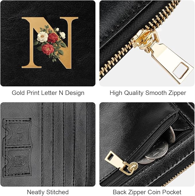 Passport Holder for Travel Wallet Women Zipper Wallets Personalized Passport Holder Cover Initial Letter Rose Flower Passport Book Holders RFID Blocking Credit Card Holder, N
