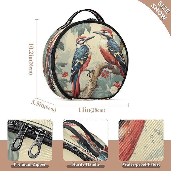 senya Round Cosmetic Pouch Travel Makeup Train Case Vintage Birds Makeup Organizer Bag with Adjustable Dividers Portable for Cosmetics Makeup Brushes Toiletry Jewelry Accessories
