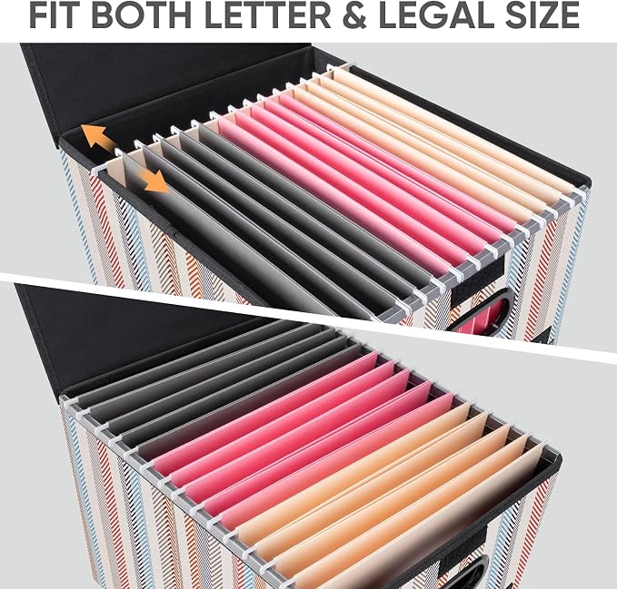 BALEINE File Organizer Box with Lid, Collapsible File Folder Organizer with Plastic Slide, Hanging File Folder Box for Office Document Storage (2 Pack, Color Stripe)