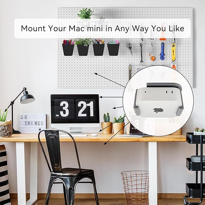 All-in-One Under Desk Mount for Mac mini M4 - VESA Monitor Bracket Compatible, Suitable for IKEA Pegboard, Wall Mount - Mac mini Accessories, Mac M4 Pro Versatile Stand (Grey)