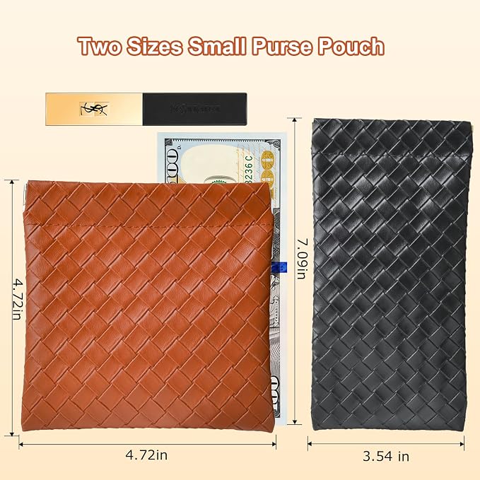 6 Pack 2 Sizes Small Makeup Bag for Purse, Woven Snap Closure Pouches for Purse, Soft Leather Coin Purse for Women, Mini Travel Organizer for Cosmetics Sunglasses Cash Cards Lip Gloss Lipstick
