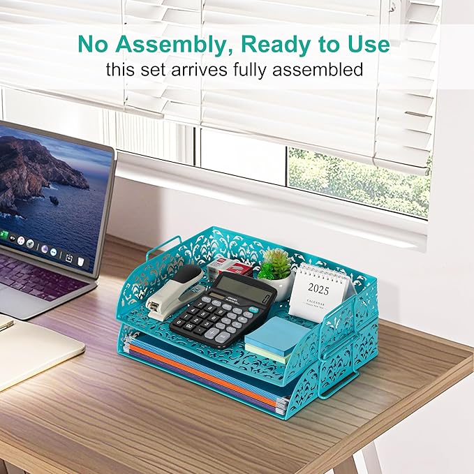 EasyPAG Paper Organizer for Desk 2 Tier Stackable Paper Tray for A4 Legal Size Folders Metal File Storage Desktop Organizer for Home Office School Teacher, Dark Teal