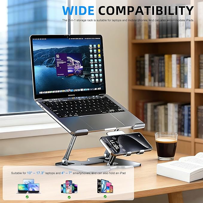 Ergonomic Foldable 2-in-1 Laptop Stand with Fans,Laptop Riser for Desk with Phone Holder,Computer Stand for Laptop,Sturdy and Portable Stand,Compatible with All Laptops and Phones Black
