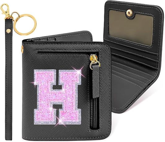 COSHAYSOO Mini Wallet RFID Bifold Travel Essential Purse with Initial Monogrammed Letter Company Anniversary Female Employee Staff Coworker Appreciation Birthday Christmas Thanksgiving Gifts Black H