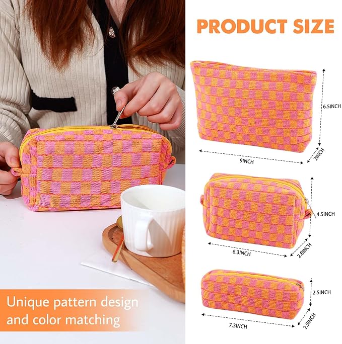 3 Pcs Makeup Bag Checkered Cosmetic Bag Large Capacity Traveling Toiletry Pounch Organizer Cute Makeup Brushes Aesthetic Accessories Storage Bag for Girls Women(Orange-Purple)