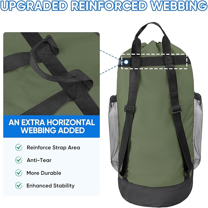 BALEINE 120L Laundry Bag Backpack, 900D Oxford Fabric Large Travel Laundry Bags with Shoulder Straps and 2 Mesh Pockets for College Dorm, Apartment, Laundromat (Green, 120L)