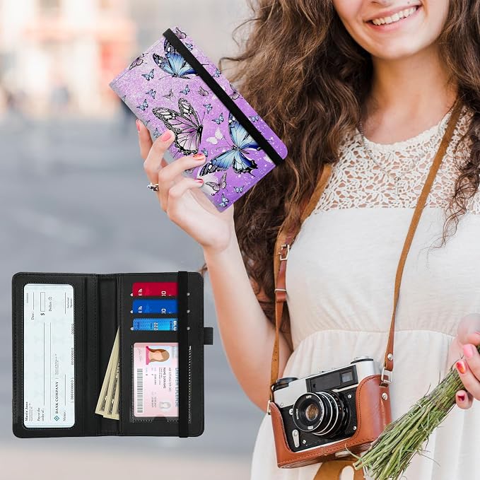 Premium PU Leather Checkbook Cover for Men & Women,RFID Blocking Slim Check Book Holder with Duplicate Check Divider & Pen Holder,Fits Standard Personal Checks,Butterflies Purple