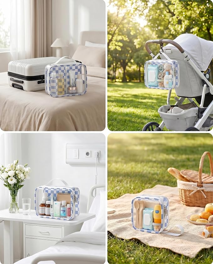 LETGO Blue Checkered Diaper Bag Organizer Pouch Set,TSA Approved Toiletry Bag,Clear Waterproof TPU Makeup Bag Set Travel Organizer Bags for Women and Kids Toiletry Bag Set for Baby and Mom Essentials