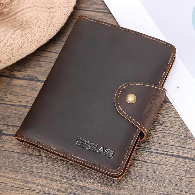 Polare Full Grain Leather Slim and Soft RFID Blocking wallet For Men Snap Bifold Travel Wallet Passport Holders 2 Passports (Dark Brown)