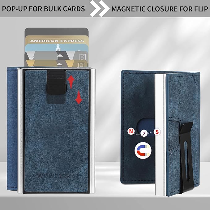 Mens slim Wallet，with RFID Shielding, Holds 9 Cards Easily, card wallet for Men, Minimalist Wallet For Men, Made of aluminum and Pu Synthetic Leather, Includes Cash clip (Blue)