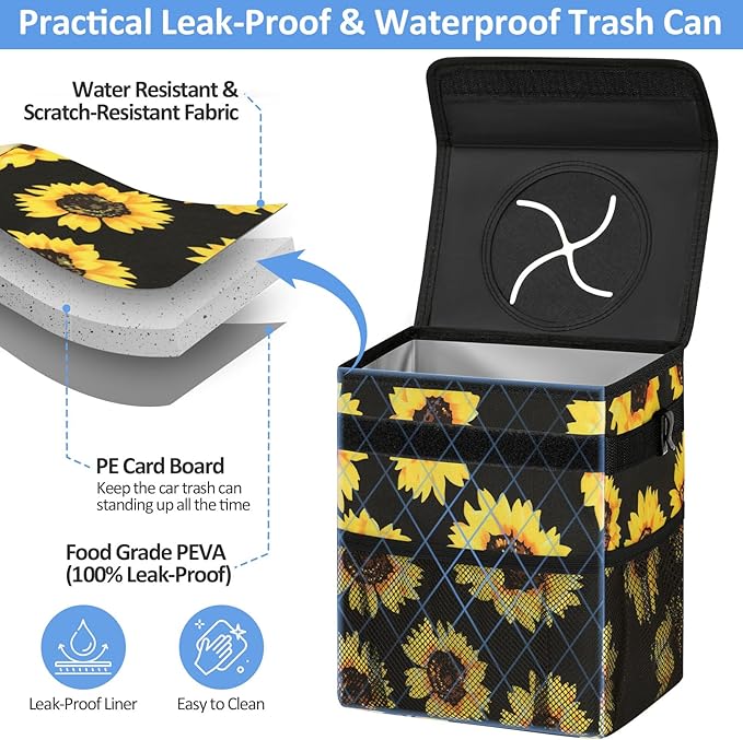 ELONGRIVER Car Trash Can Bin for Back Seat Leak Proof, Cute Car Trash Bag Hanging, Vehicle Trash Can for SUV Truck Van, Automotive Garbage Cans Front Seat Sunflower Floral