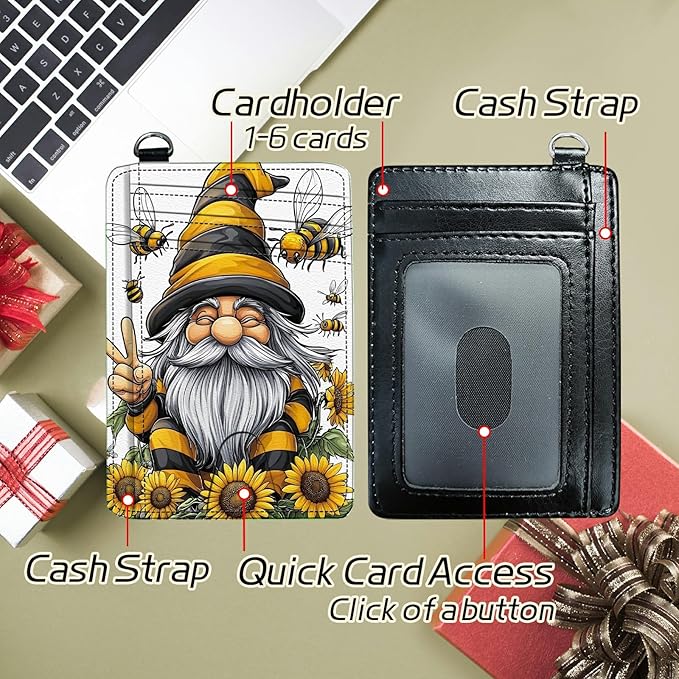 Small Travel Wallets, Bee Dwarf Sunflower Slim Minimalist Front Pocket Wallet with Wristlet, RFID Blocking PU Leather Credit Card Holder with ID Window Change Purse for Men Women
