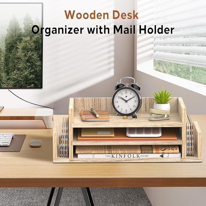 SUPEASY Wooden Desk Organizer, 3-Tier Letter Tray File Organizer with Dual Side Mail Sorter, Solid Wood Desktop Paper Organizer for Office, Home Office, Classroom (Natural Wood)