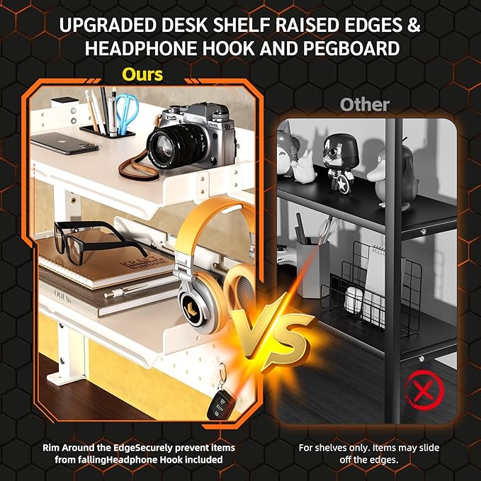 2-Tier Steel Clamp On Desk Shelf, Adjustable 16 inch Desk Storage Shelves with Pegboard and Pencil Holder,Above or Under Heavy Duty Desktop Organizer with Headphone Holder for Desk Accessories (White)