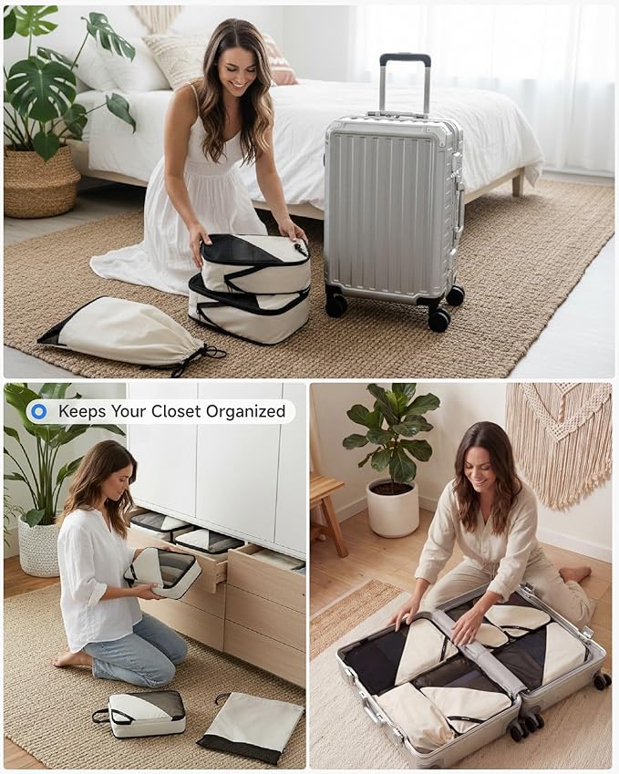 LUGGEX Compression Packing Cubes for Travel, 4 Set Lightweight Luggage Organizer Bags with Shoe Bag, Space Saving Suitcase Packing Cubes for Carry-On (POX01, Beige)