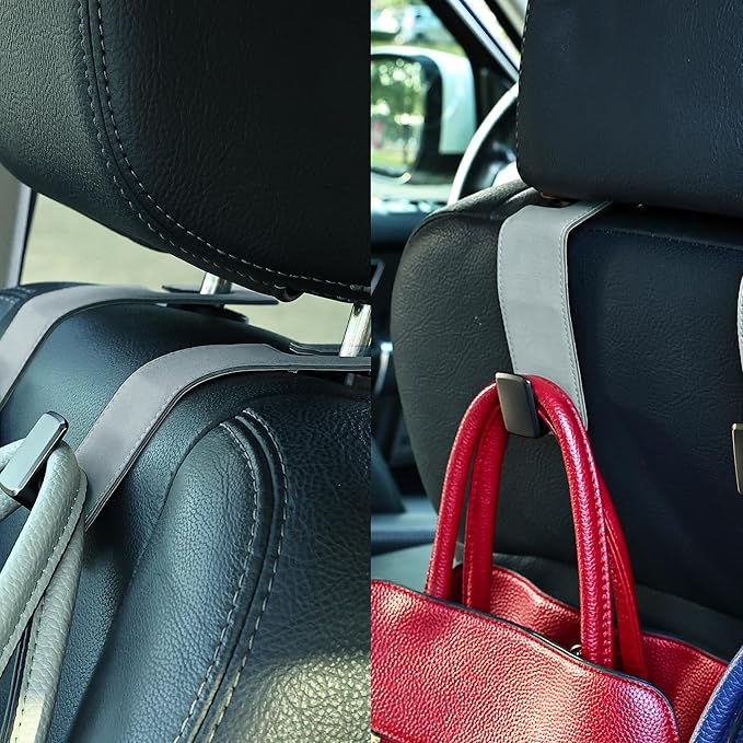 Car Seat Back Hook Metal with Suede Universal Vehicle Headrest Hangers Interior Storage Organizer for Purse Handbag Coat Grocery Bags 2 Pack Light Gray