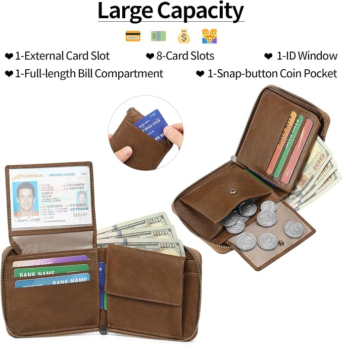 GAEKEAO Zipper Wallet for Men Vegan Leather RFID Blocking Large Capacity Bifold Wallets with ID Window Change Pocket