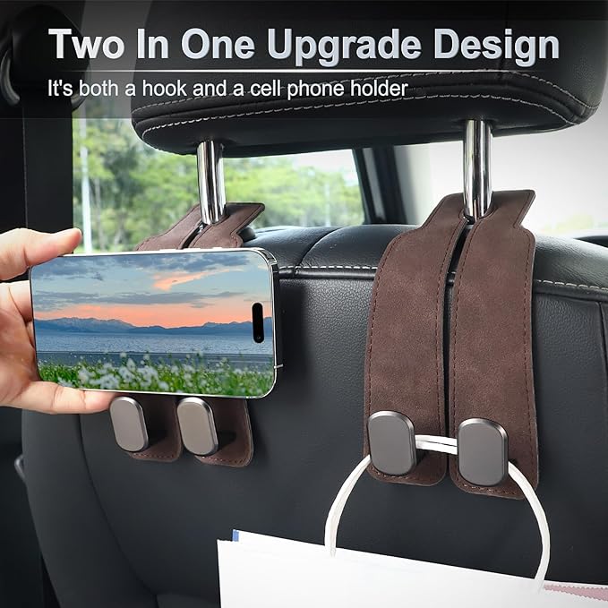 LivTee Headrest Purse Hook for Car, Seat Hook Hangers Storage Organizer for Bags and Coats Holder, Upgrade Leather Double Hook and Mobile Phone Holder for Universal Vehicle Car Accessories (Brown)