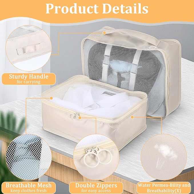 12 Pcs Packing Cubes for Suitcase Travel Luggage Bags Bulk Mesh Organizer Set for Hiking Camping Backpacking Clothes Accessories(Light Khaki, S, M, L Size)
