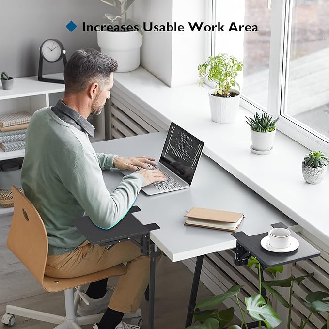 BONTEC Ergonomic Desk Extender Tray, 9.5"x9.1" Table Mount Arm Wrist Rest Shelf, 90° Foldable Elbow Support, Clamp on Computer Arm Rest for Desk, Office & Home Use, Durable & Easy to Install