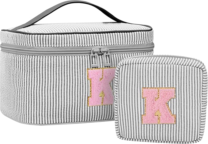 MONSTINA Initial Makeup Bag with Brush Holder for Women,Make Up Case for Girlfriend Bridesmaid Wife|Personalized Birthday Gift for Her Cute Toiletry Bag,2PCS,Black K