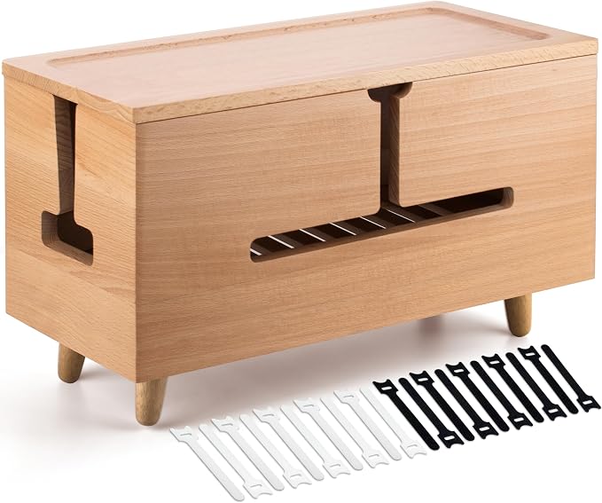 Natural Beechwood Large Cable Management Box for Power Strip & Cord Hider | Solid wood cable box fits 13" strips, flame-retardant, detachable legs, vents, child-safe, tool-free, hides 6-8 cords