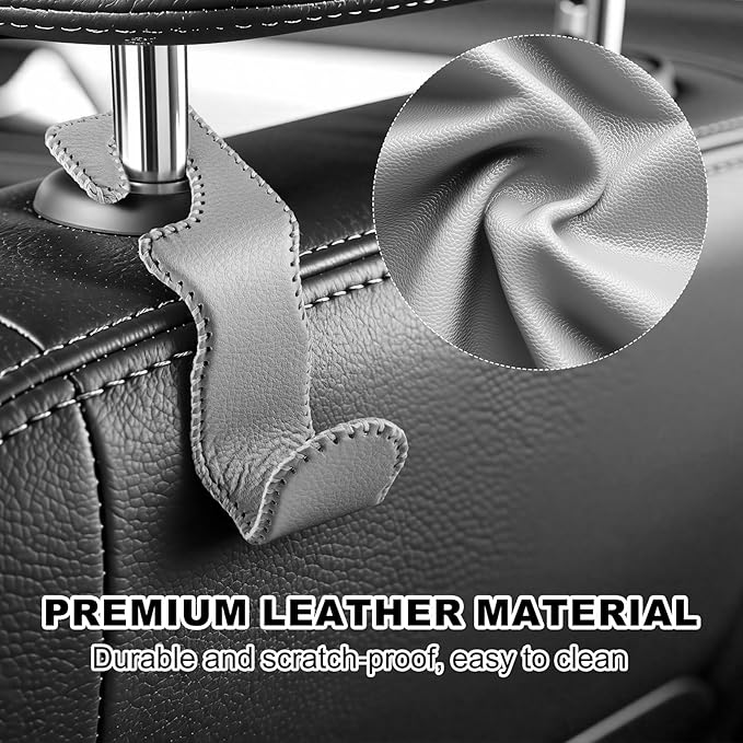 EldHus Car Seat Hooks for Purses and Bags, 2 Pack Car Purse Holder for Grocery Bag Handbag Clothes, Metal Headrest Hooks Covered by Leather, Gray
