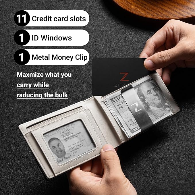 Zitahli Slim Wallet for Men with Money Clip, Minimalist Front Pocket RFID Blocking Leather Wallets Bifold Credit Card Holder, 11 Card Slots and ID Window with Gift Box