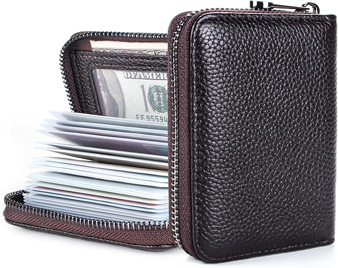 Suweibuke Genuine Leather Credit Card Holder Zipper Wallet RFID Blocking Secure Card Case ID Case Organizer (Classic Brown)