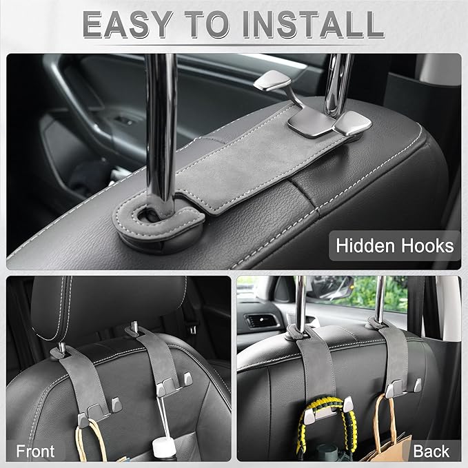 GaRhomxy Car Seat Headrest Hook, Premium Suede Double Hook 2 Pack, Universal Hanging Accessories for Purse, Bag, Groceries - Car Interior Accessories (Gary)