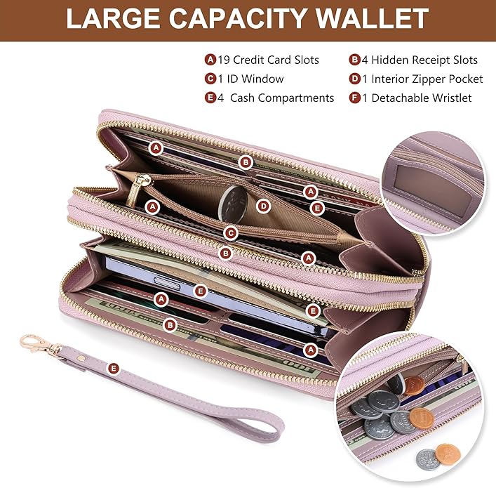yiijay Womens Wallet RFID Blocking Large Capacity Vegan Leather Double Zip Wristlet Wallet Card Holder Travel Ladies Clutch