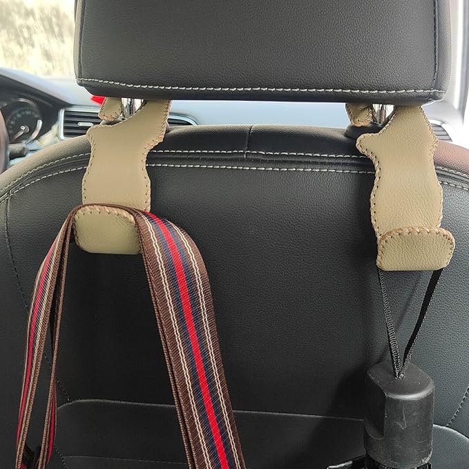 yicheyiyou Car Hooks Universal Car Vehicle Back Seat Headrest Hanger Holder Hook Microfiber Leather & Stainless Steel for Bag Purse Cloth Drink Grocery (Beige)