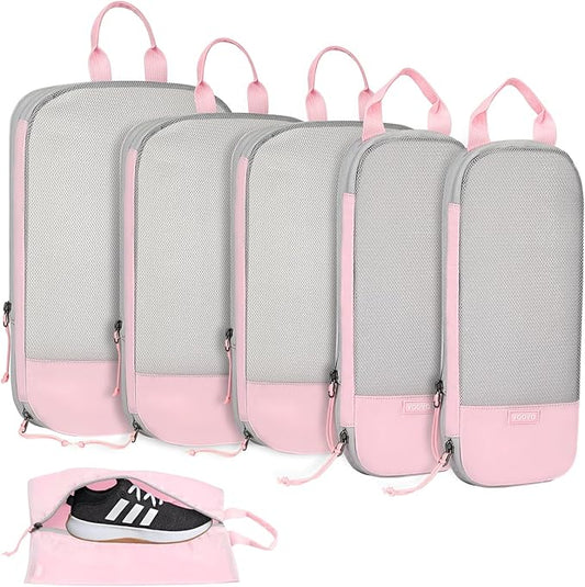 Voova 6 Set Compression Packing Cubes, Travel Accessories Expandable Packing Organizer Bags Set for Carry on Suitcase, Durable Luggage Packing Cubes for Travel Essentials, Pink