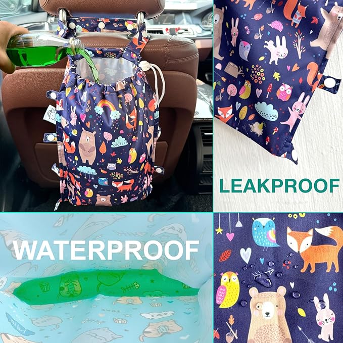 FLOCK THREE Leak-Proof Waterproof Car Trash Bag Foldable Multipurpose Trash bin Container Storage Cute Grocery Organizer Bag for Automotive Front or Back Seat in Cars SUVs and Trucks (Jungle Animals)
