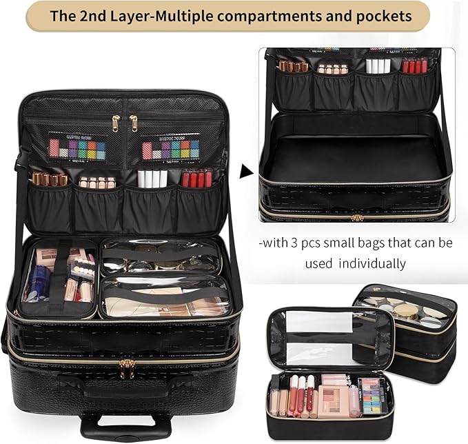OCHEAL 18 Inch Rolling Makeup Train Case, Extra Large Travel Cosmetic Organizer Storage Trolley with Wheels, 3 Layers & 3 Travel Makeup Bags Carry On for Hairstylist Cosmetology Artist