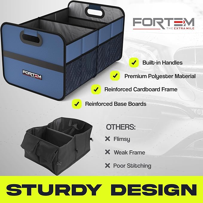 FORTEM Car Trunk Organizer, Collapsible Two Compartment Organizer, Foldable SUV & Truck Storage for Car Accessories for Women Men, Non Slip Bottom, Sturdy Side Walls, Strong Handles, 45L