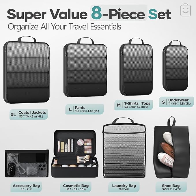 Veken 8 Set Compression Packing Cubes for Travel Essentials,Compressible Expandable Large Luggage Suitcase Organizer Bags for Clothing,Durable Space Saver Storage Bags with Makeup Bag(Black)