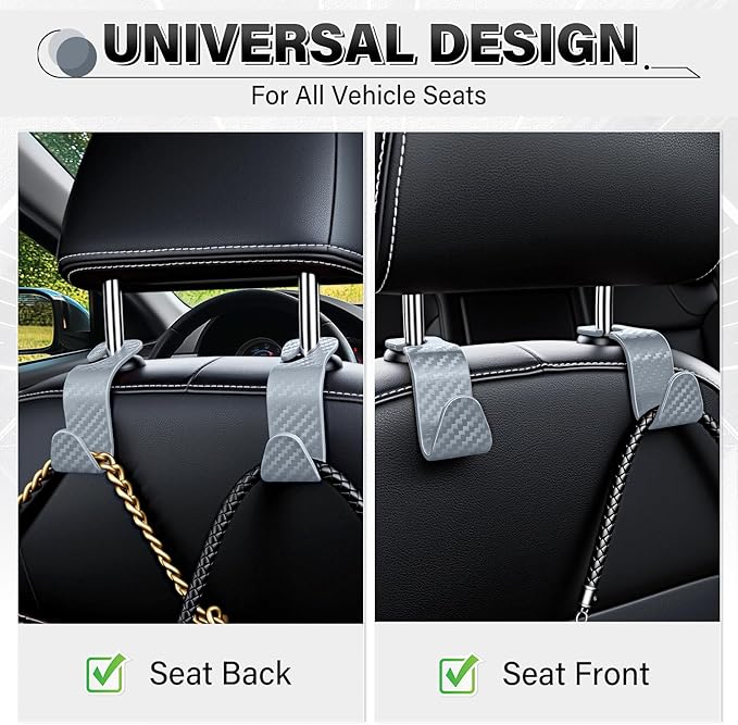 SINGARO Universal 2 Pack Car Seat Headrest Purse Hook, Carbon Fiber Back Seat Hook Storage Organizer Hanger for Purse Handbag Coat, Car Interior Accessories(Gray)