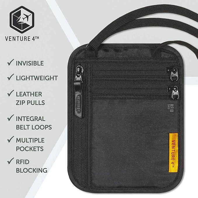 VENTURE 4TH Slim Passport Holder Neck Pouch with RFID Blocking Travel Neck Wallet and Nylon Lining (Black)
