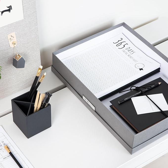 Bigso Sverker Fiberboard Legal and Art Storage Box | Scrapbook Storage Box for Loose Papers and More | Durable Document Boxes with Lid and Metal Label Holder | 17.1’’ x 12.2’’ x 3.3’’ | Grey