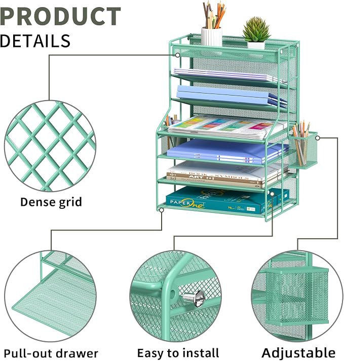 White 7 Tier Desk File Organizer, Metal Letter Tray Paper Organizer with Pull-Out Drawer, Removable Pen Holder & Hanging Basket, Vertical Desktop File Holder for Home Office, Classroom