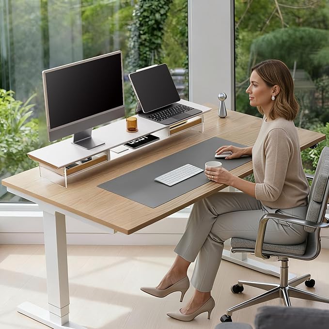 Fenge 42.5??Dual Monitor Stand with 2 Drawers, Metal Wood Monitor Riser with Acrylic Legs, 2-Tier Desktop Shelf Storage Organizer for Computer, Laptop, Printer, TV, White