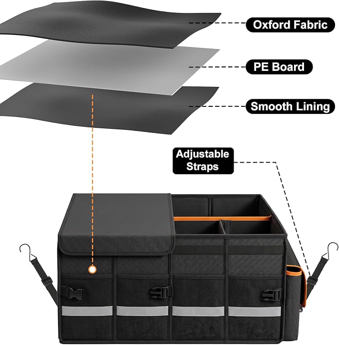 GDNasist Car Trunk Organizer and Storage with Lid, Car Accessories for Women Men 2 Removable Dividers for Custom Space, Collapsible Trunk Organizers Interior for SUV & Sedan