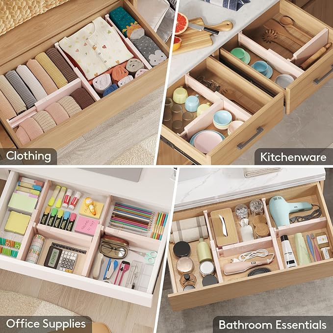 Lifewit 6 Pack Drawer Dividers 4" High 28-43.5cm/11-17" Adjustable Drawer Organizer for Clothes/Utensils, Expandable Drawer Separator in Dresser/Kitchen/Bedroom/Office Organization & Storage Pink