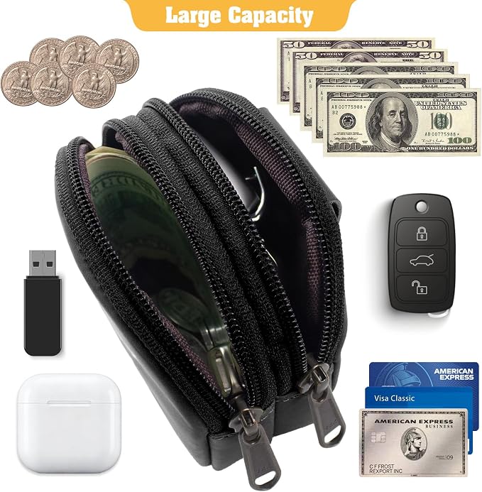 Jack&Chris Coin Purse for Men, Genuine Leather Mini Coin Wallet Zipper Pocket with Back Belt Loop, Coin Bag for Men